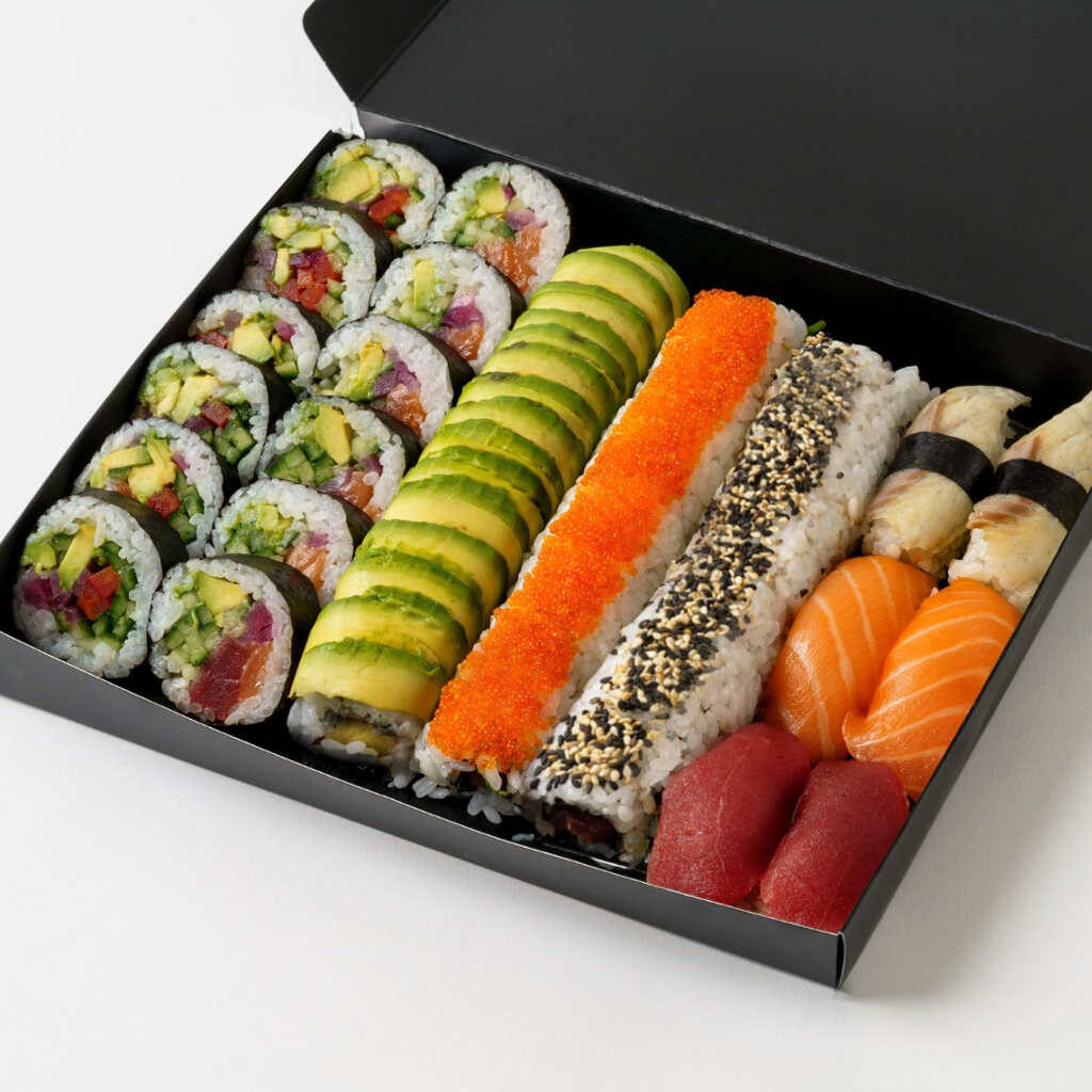 Out of the Blue Sushi - Shinobi Platter- containing 42 pieces in total of Salmon & Tuna Duo, Vegan Yum Yum, Dragon Bean, Silky Salmon, Rebel Tuna, Salmon Nigiri, Tuna Nigiri, Sea bass Nigiri. Allergens: Fish, Soy, Dairy, Sesame, Mustard in black serving box on white background. Allergens: Fish, Soy, Dairy, Sesame, Mustard.